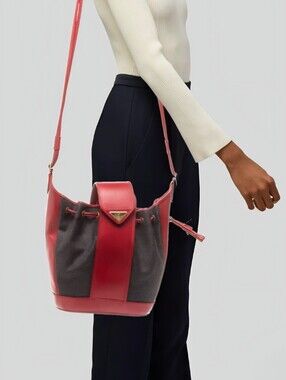 RARE Vintage YSL Red Leather Canvas Bucket Bag Set Pouch DustBag 90s